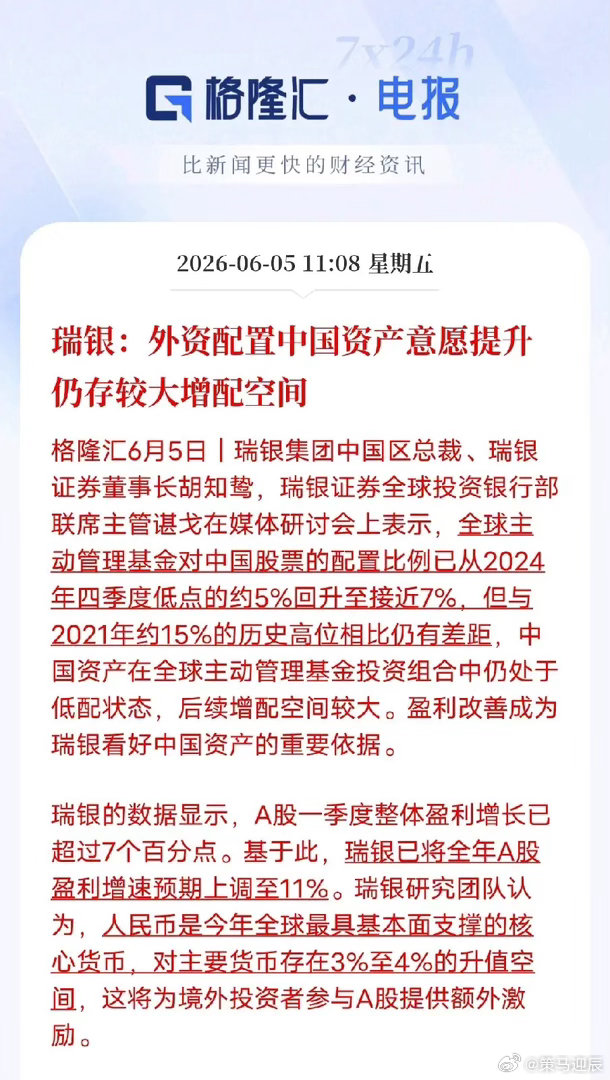 外资持续抬仓，A股增量资金源源而来格隆汇6月5日资讯，瑞银高管最新发声，海外主动