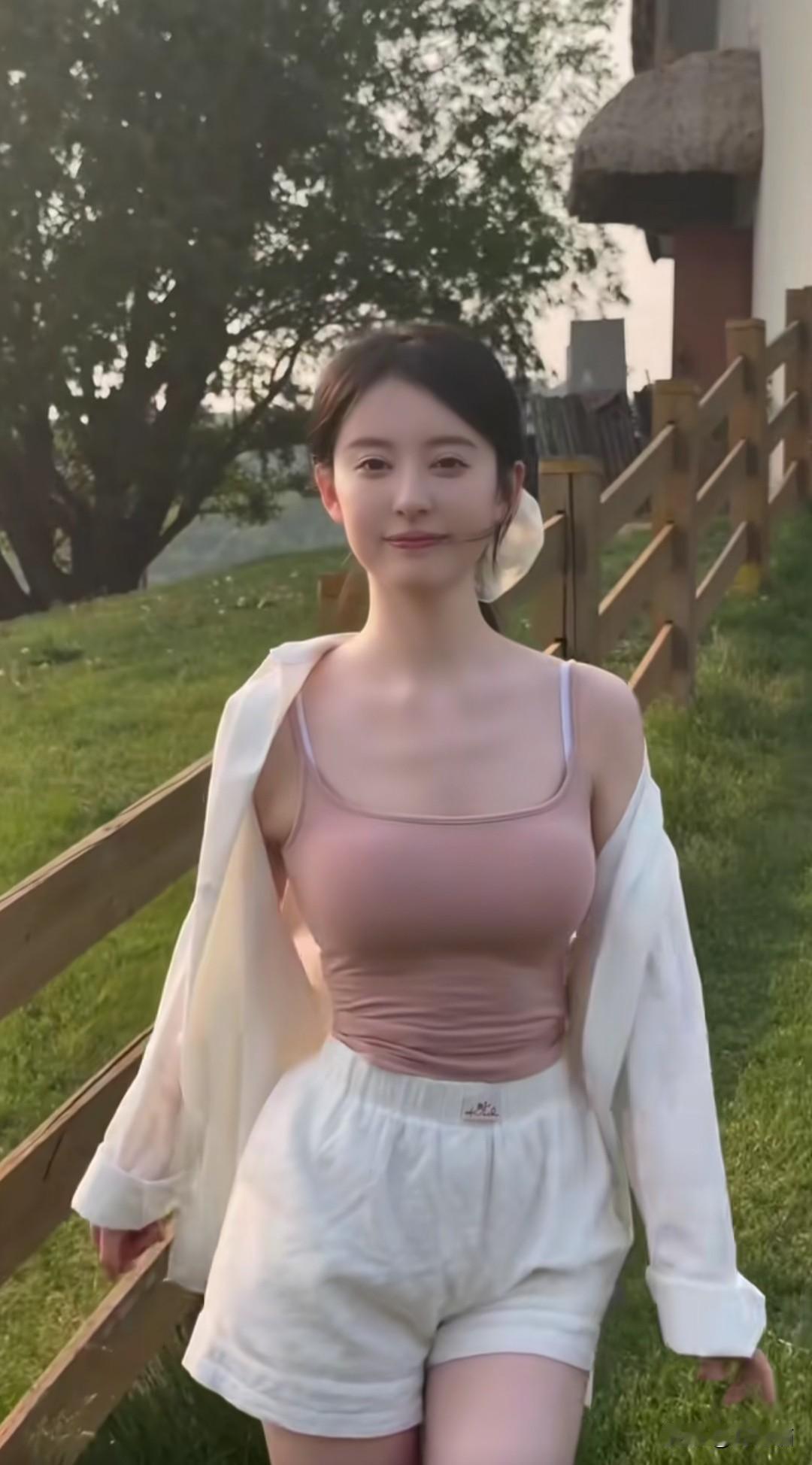 清新美女穿搭令人眼前一亮，粉色背心搭配白色短裤，再外搭一件白色外套，这清新气质堪