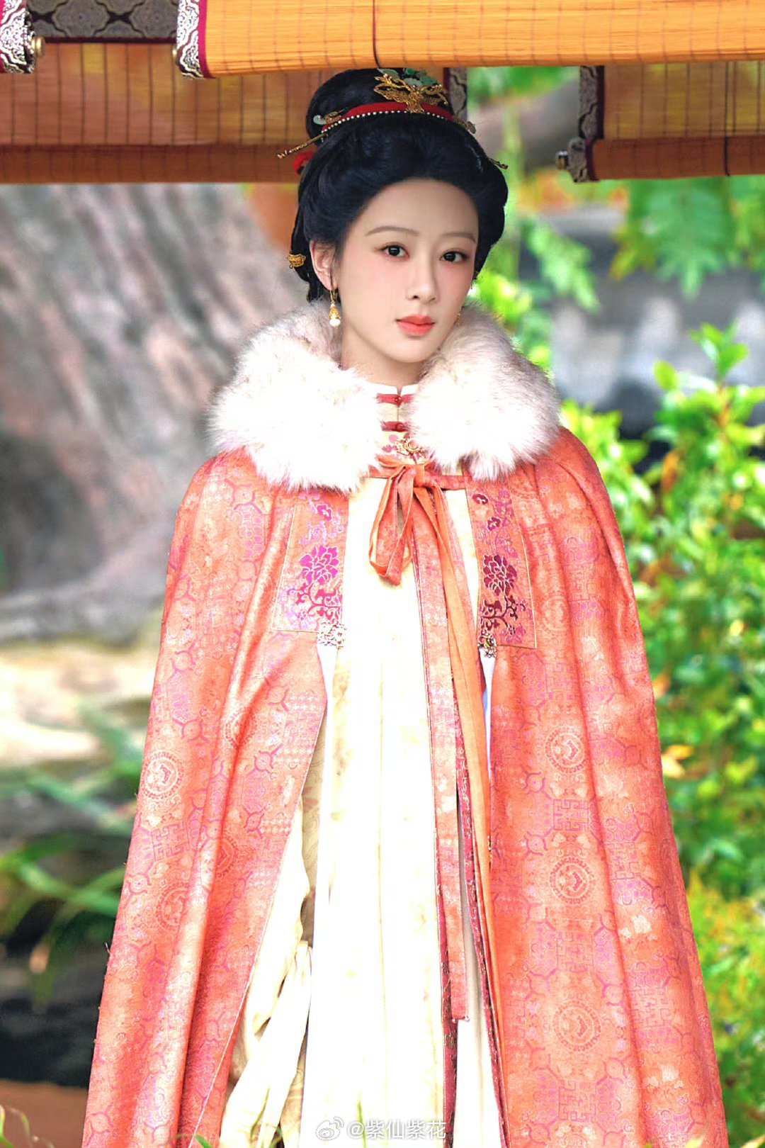 杨紫杨紫李祯 杨紫新中式侧马尾造型 李祯这套带毛领粉衣披风好美看着好舒服家业马上