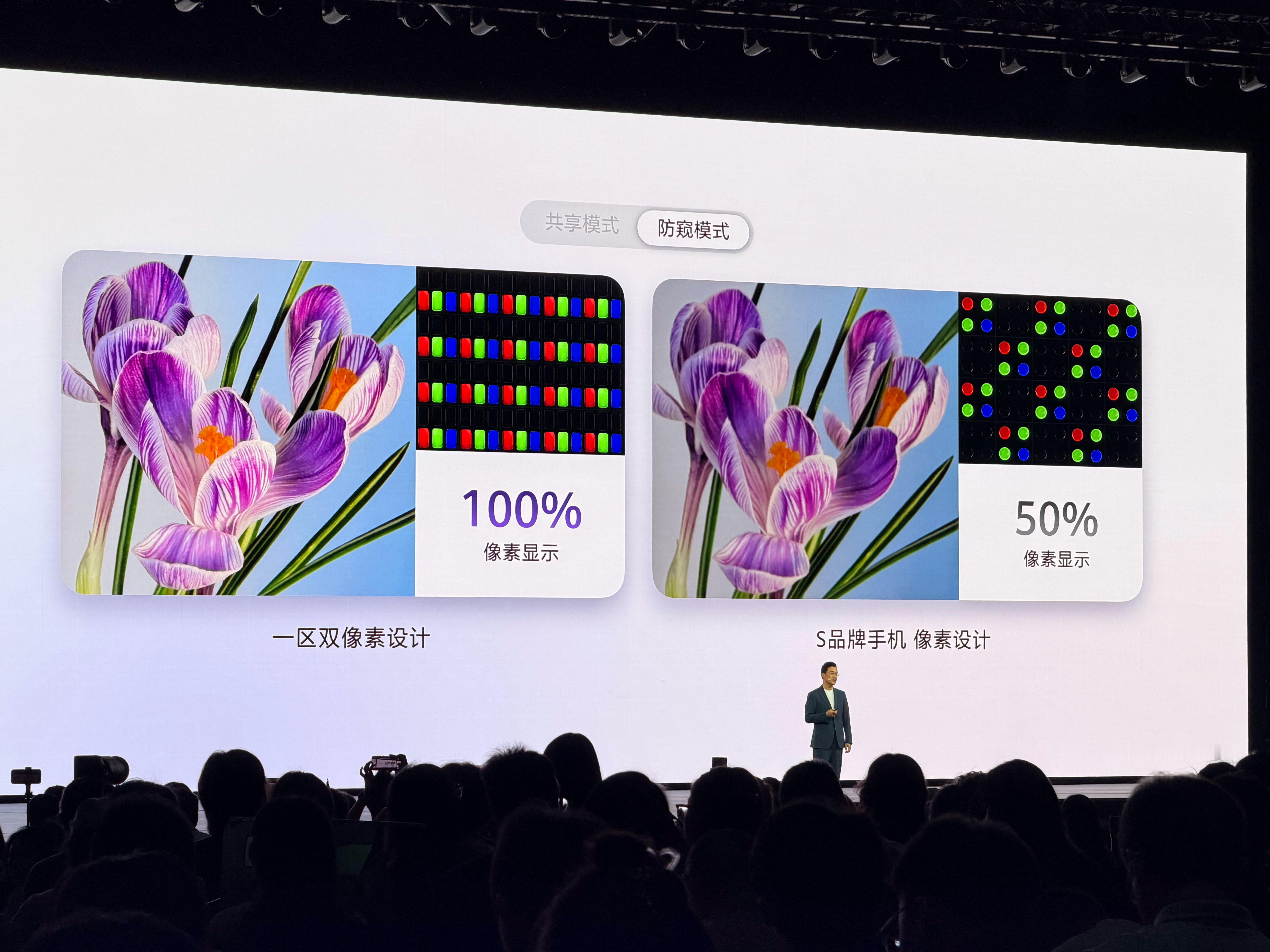 华为的防窥不会损失像素，友商开了防窥就只剩下 50% 了 