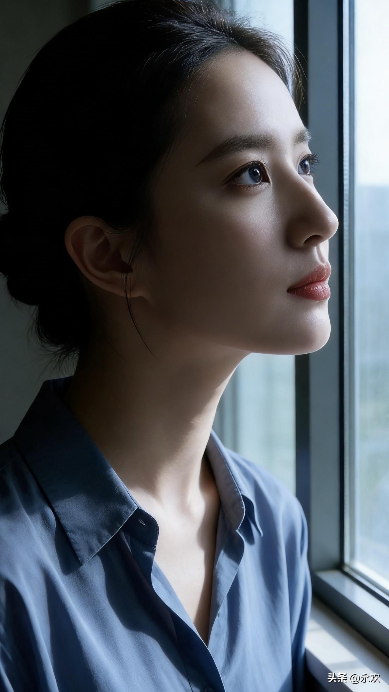 浅灰的天光漫过玻璃窗，在她的侧脸投下一道温柔的明暗交界线。蓝衬衫被风掀起一角，脖