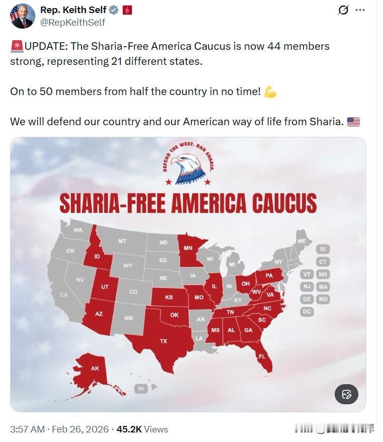 众议员Keith Self发文为“无沙里亚法小组”摇旗呐喊。
【更新】：“无沙里