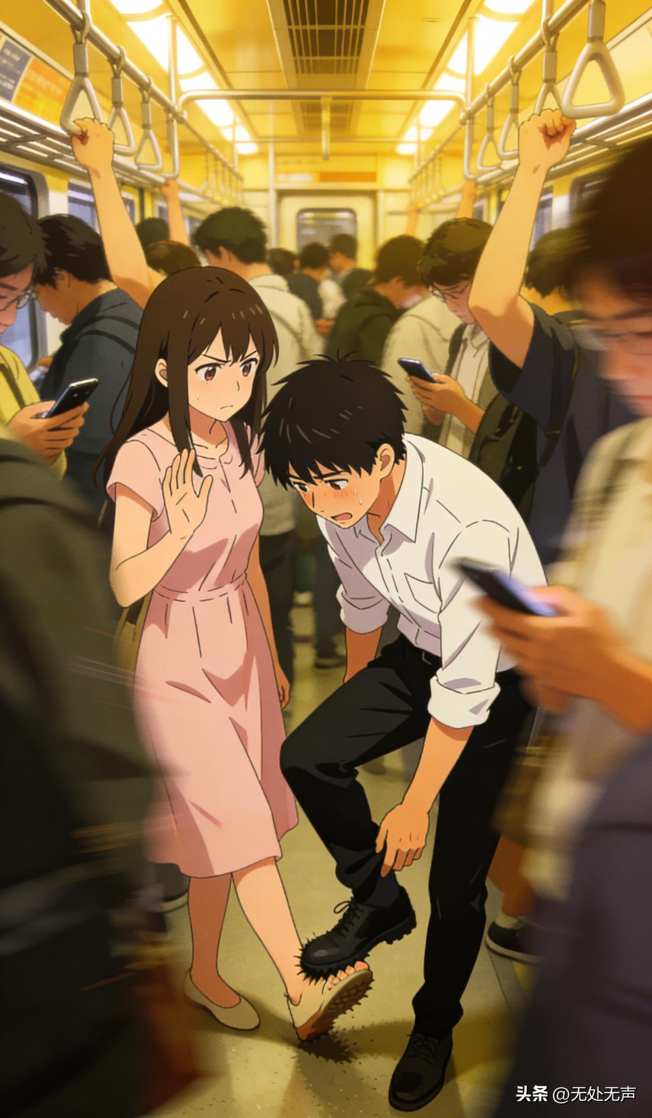 地铁
早高峰地铁，一姑娘踩我脚。
她说：“你脚放哪儿呢！”
我说：“地上啊。”