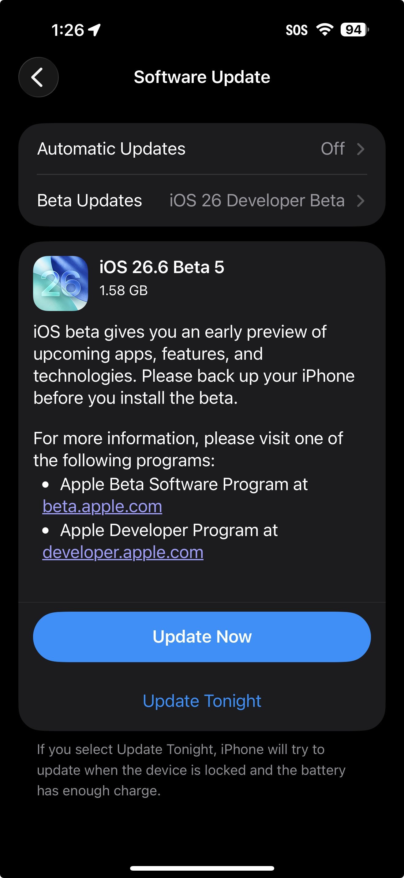 Apple 发布 Developer Beta 软件更新：iOS 26.6 De
