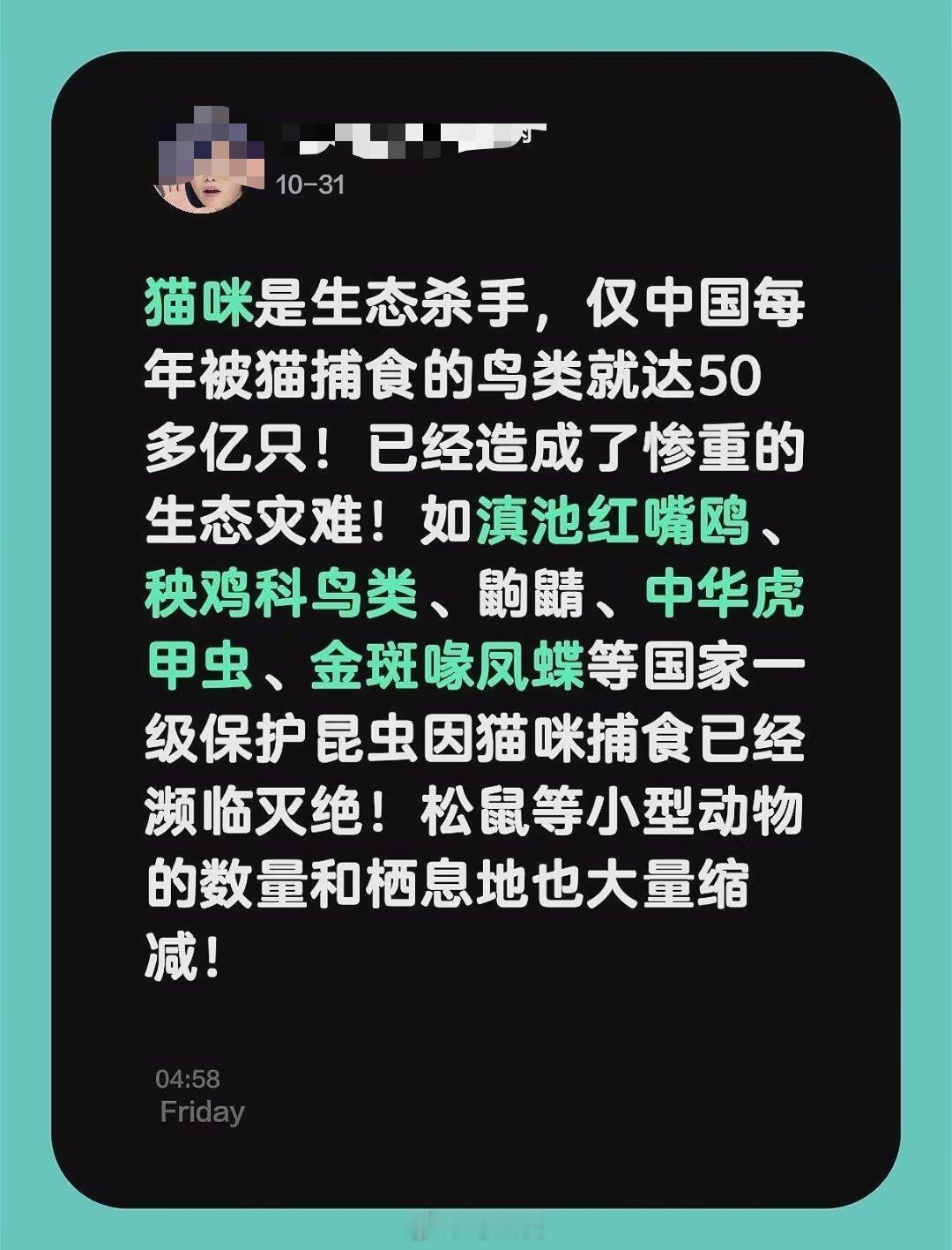 国内网友逐步也开始关注流浪猫对生态造成巨大伤害了。这是好的现象。 ​​​