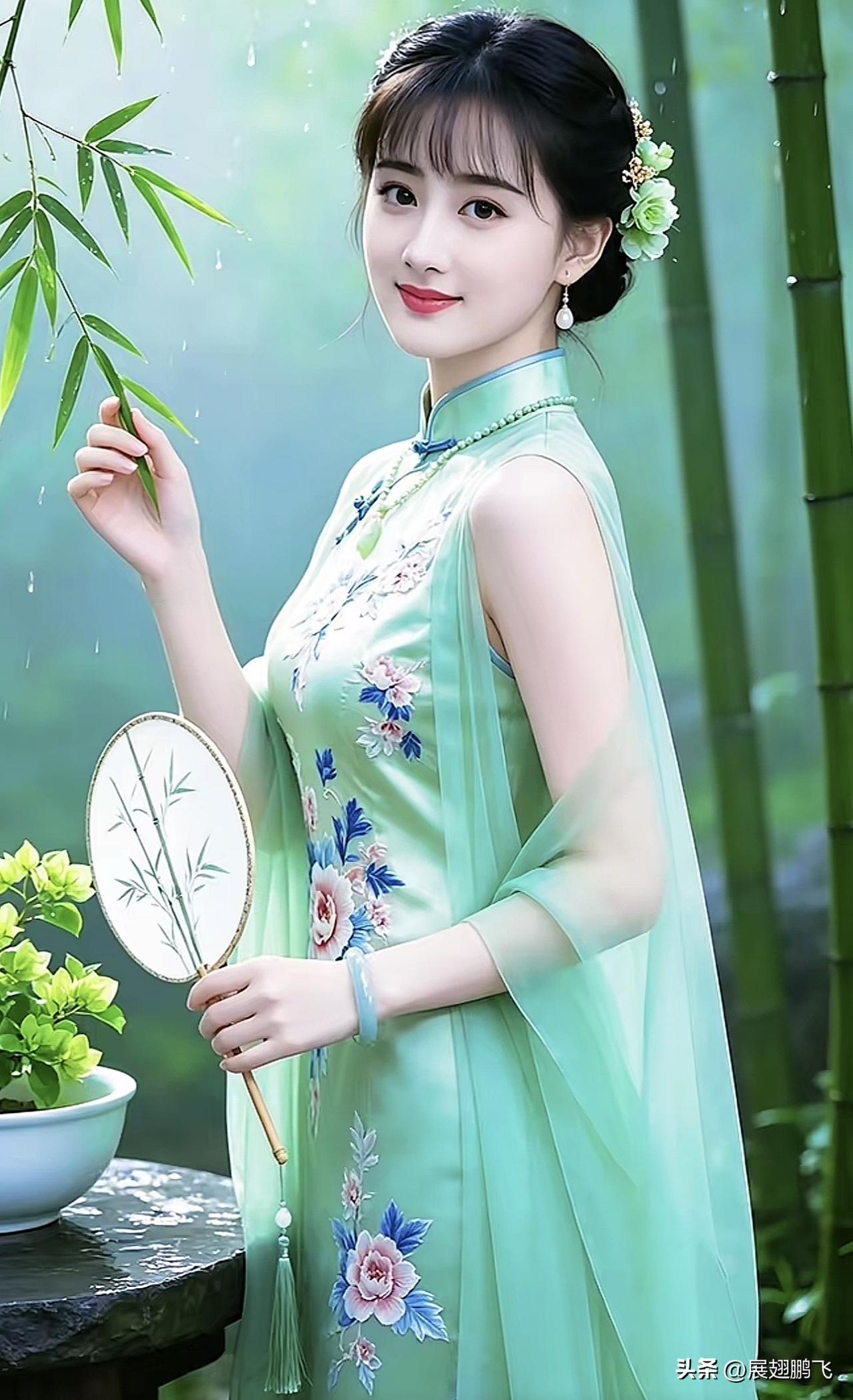 清新古风少女，竹林间轻抚竹叶，优雅动人。淡雅汉服美女 竹林古装仙女 竹林里的小姐