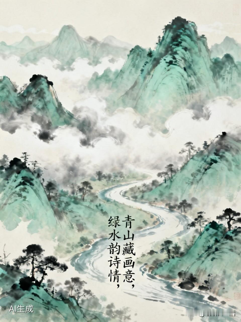 青山藏画意，谁有下联绿水韵诗情！