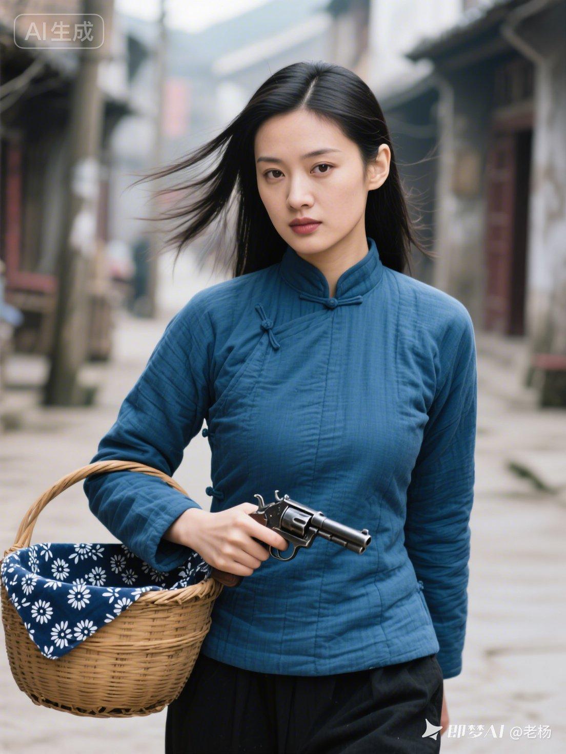 穿越时空的蓝衣少女，手持枪支，漫步古街。