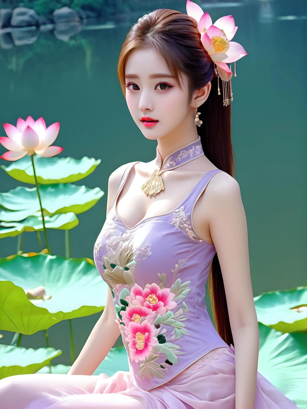 翠裙红妆映水莲，春意袭人心自怡。#佳丽风姿醉人心# #美图伴美诗# #佳人俏不俏