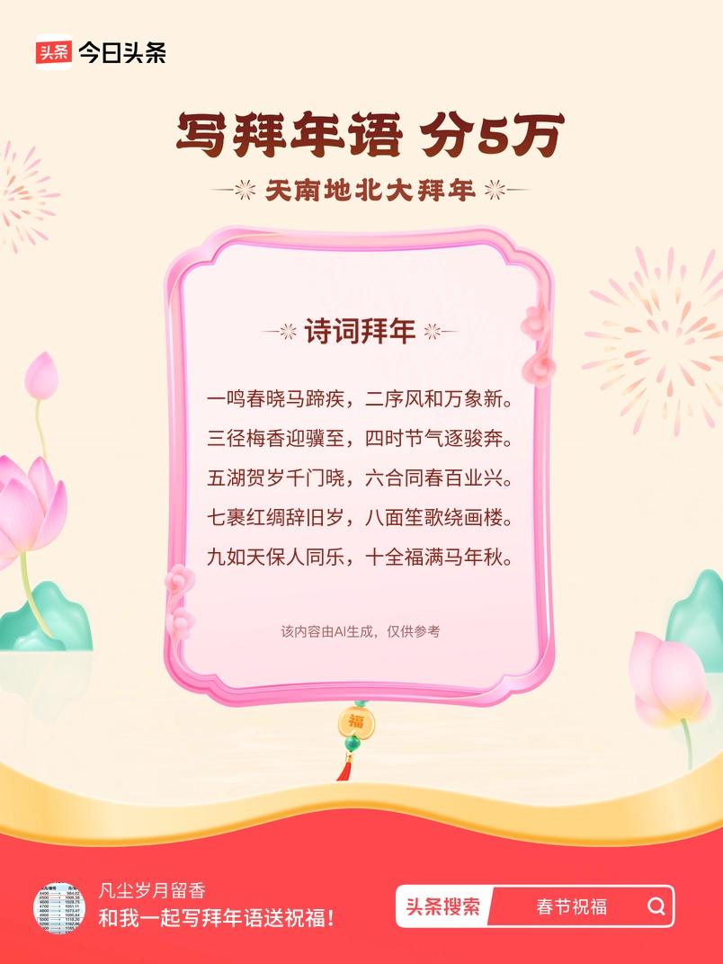 写拜年语送祝福新春拜年送祝福！我的祝福是：“一鸣春晓马蹄疾，二序风和万象新。三径