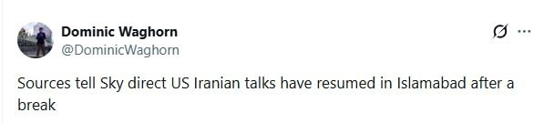 路透社报道，美国和伊朗在伊斯兰堡举行的谈判已经开始，持续了约两个小时，之后双方代