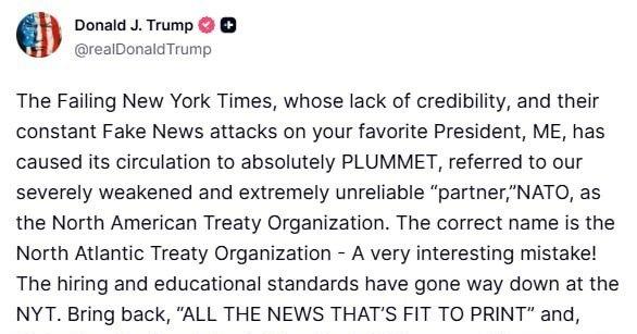 特朗普称北约是“我们严重削弱且极其不可靠的伙伴”

他又怼假新闻“纽约时报”将北