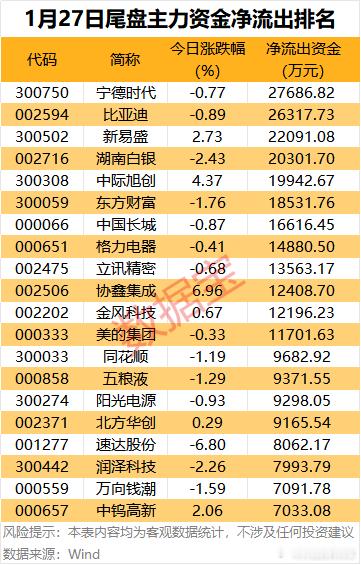 价值投资日志 尾盘流出方面，12股尾盘主力资金净流出均超1亿元。宁德时代、比亚迪