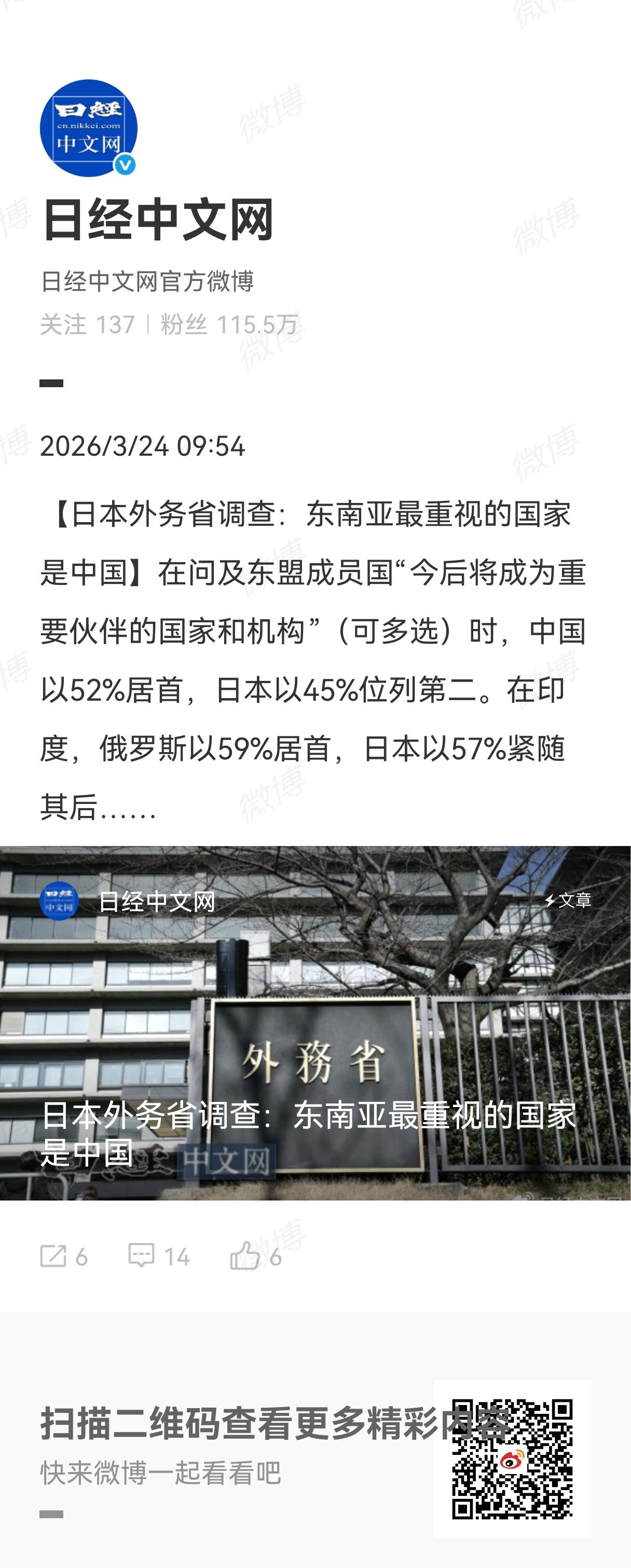 日本外务省做了个调查，东南亚最重视的国家是中国。在问及东盟成员国“今后将成为重要