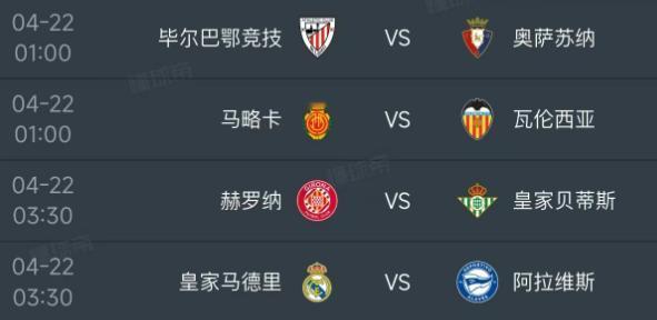 北京时间4月22日，明天的西甲第33轮开打，一共安排了4场比赛：

凌晨1点同时