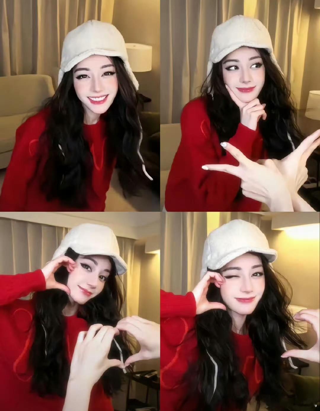 迪丽热巴脸颊比心♥️红色的毛衣➕笑容真的好明媚啊！寒冷的冬天都变的温暖了！ 