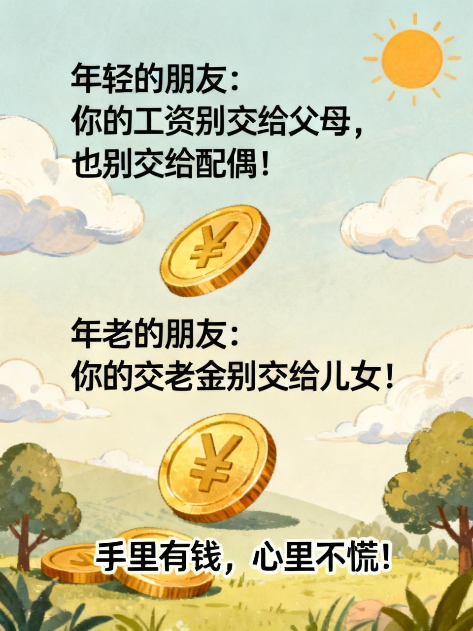 年轻的朋友：你的工资别交给父母，也别交给配偶！
年老的朋友：你的交老金别交给儿女