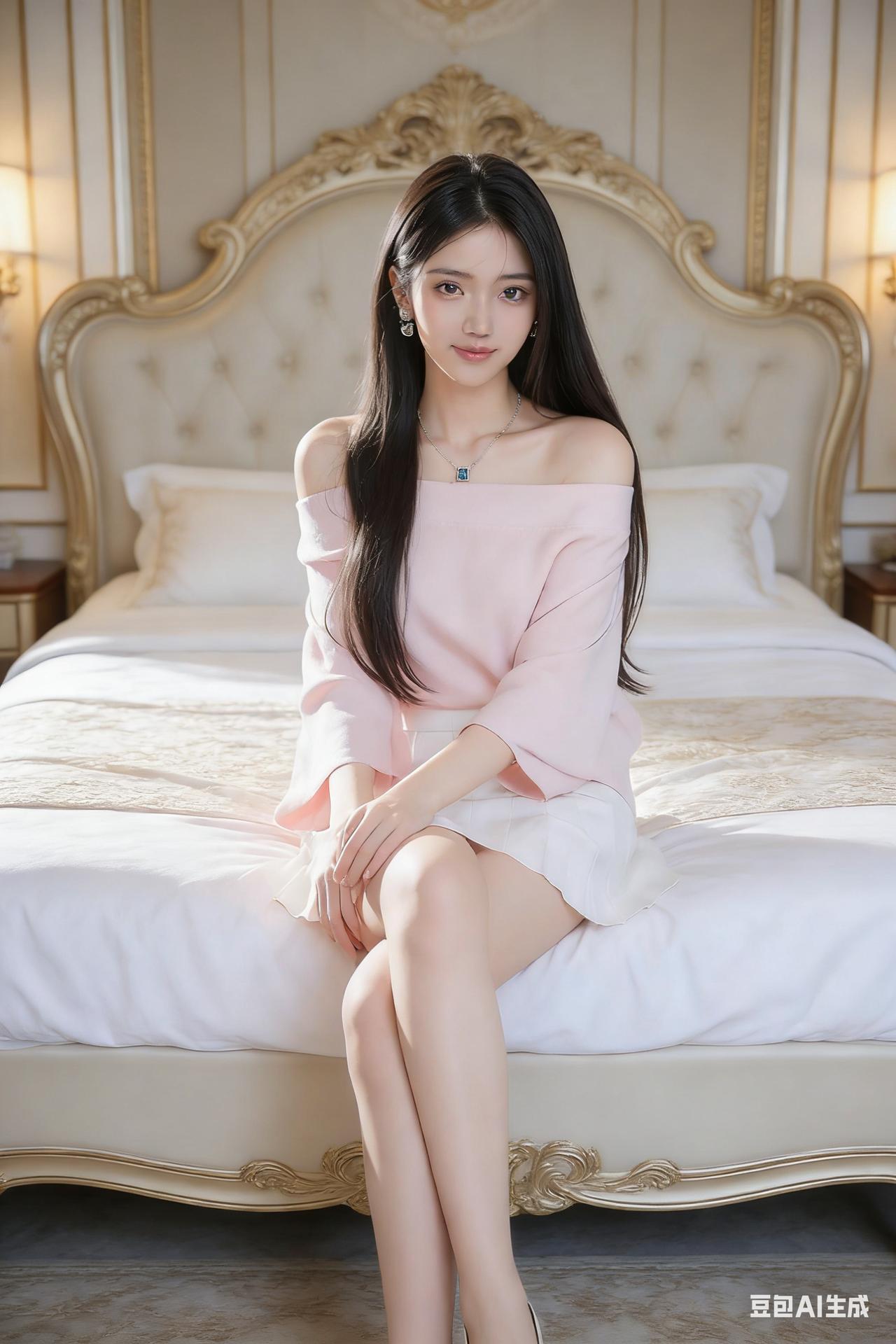 她就像一朵娇柔的花，静静绽放在这奢华的空间里。白色短裙下，若隐若现的双腿搭配银色