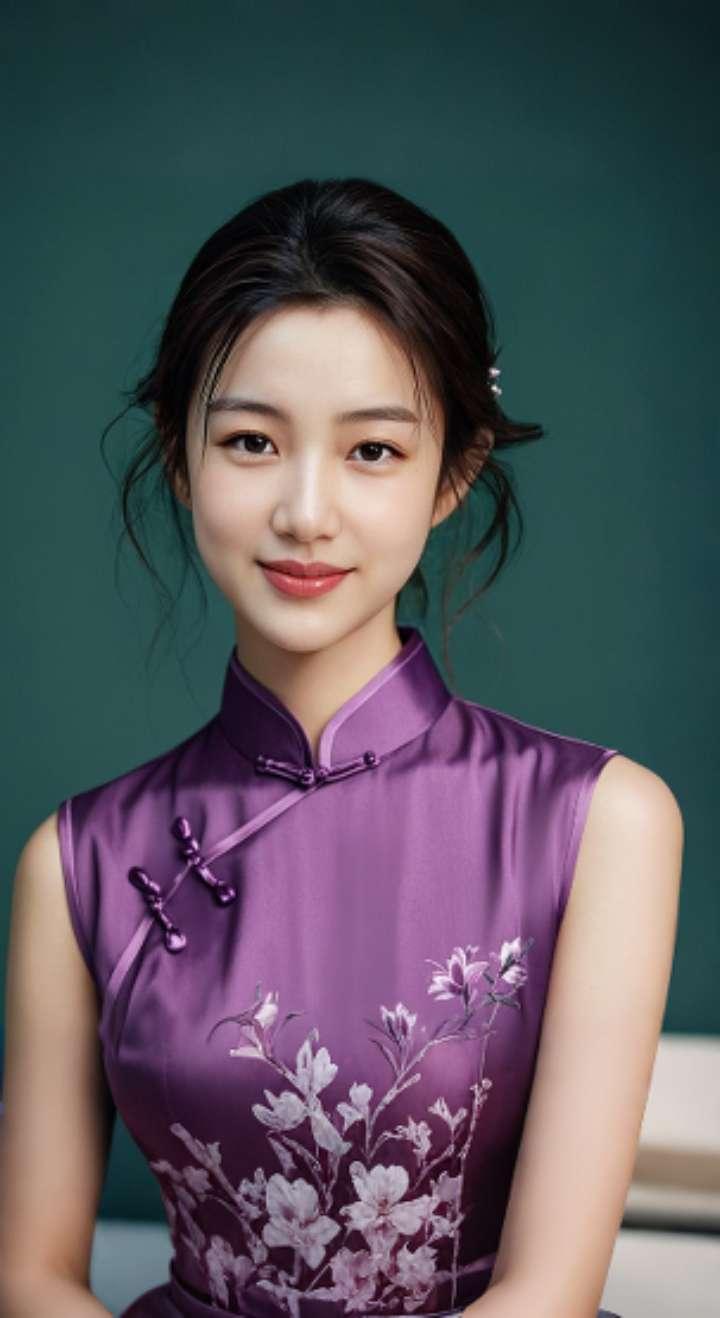 AI扩图 AI紫裙旗袍韵