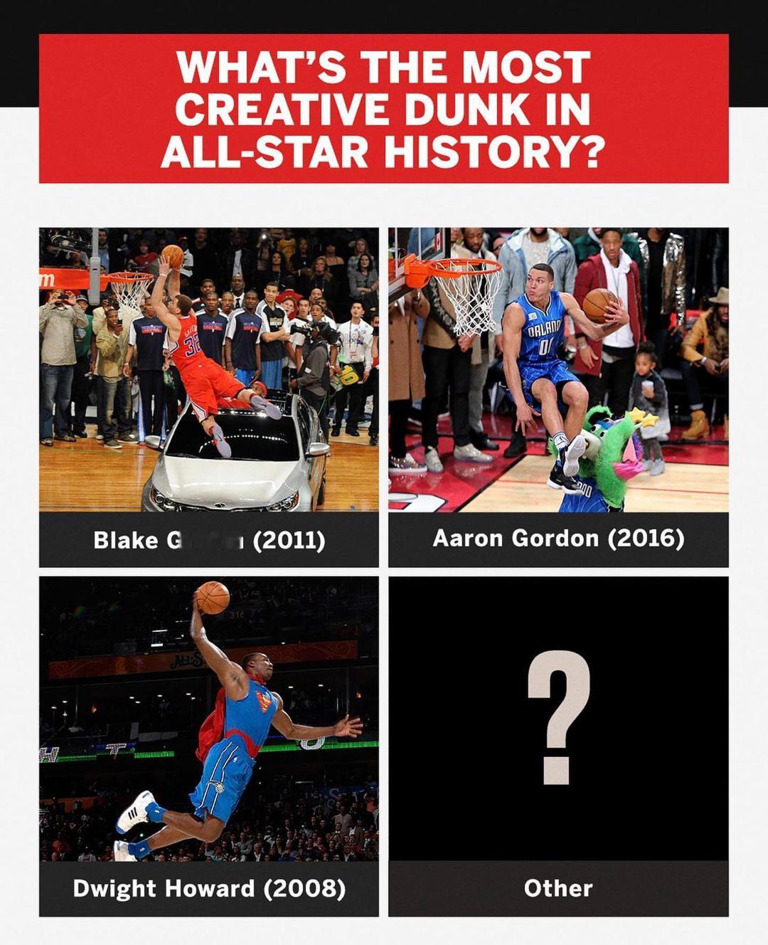 ESPN晒图问道：在扣篮大赛上，你心目中最具创作性的扣篮是哪个？[思考] ​​​
