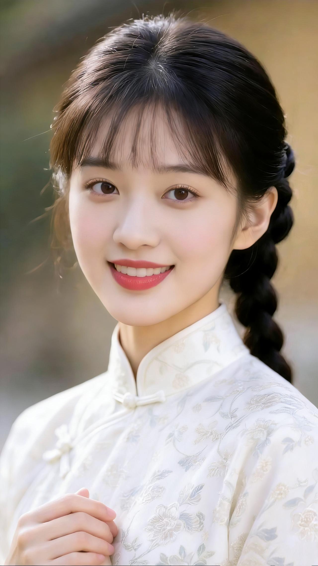 《素衫沾春光》
 
风裹着浅草香掠过肩头时，她抬眼弯了眉——麻花辫垂在素衫盘扣旁