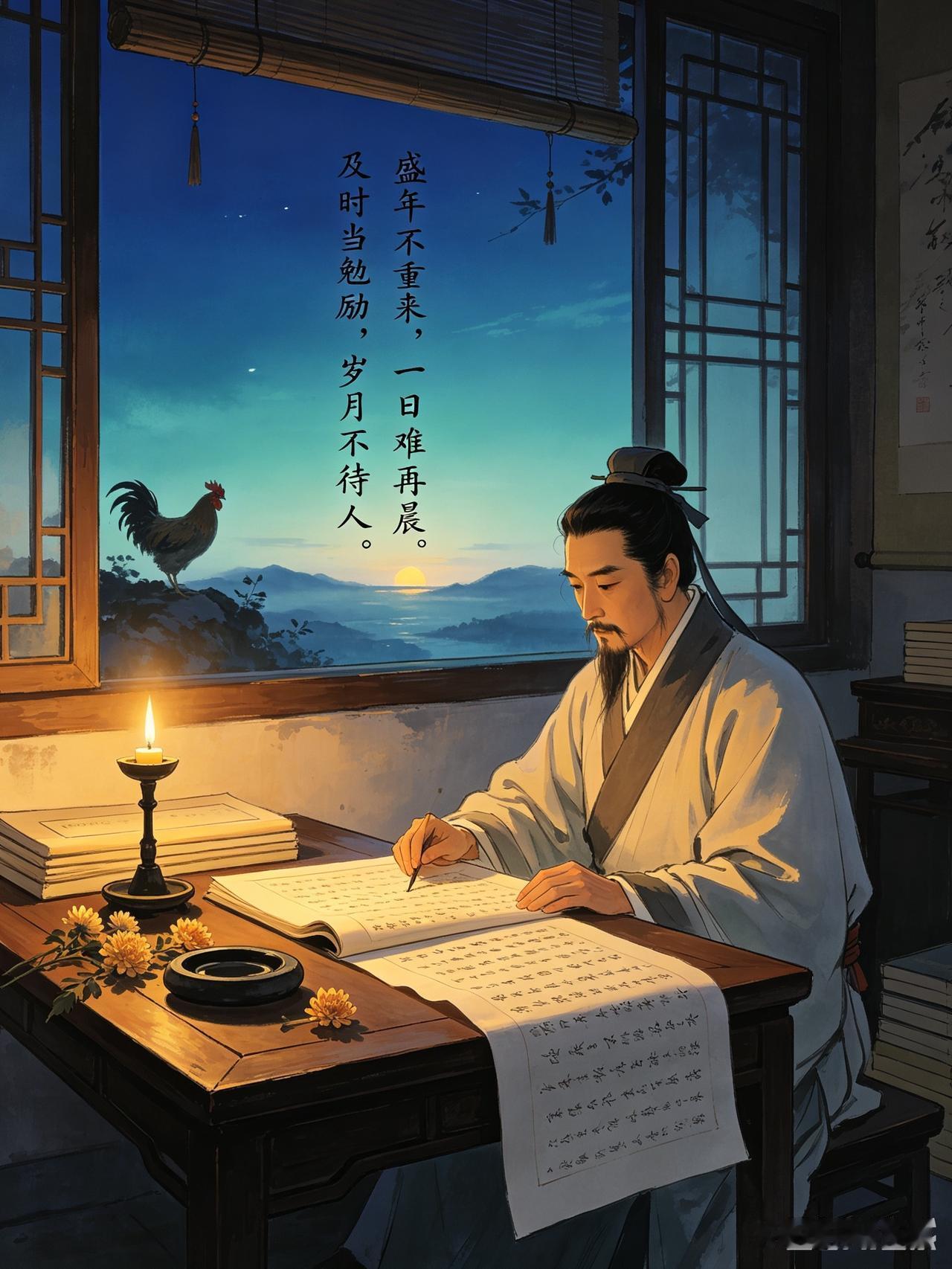 陶渊明《杂诗》
盛年不重来，一日难再晨。
及时当勉励，岁月不待人。