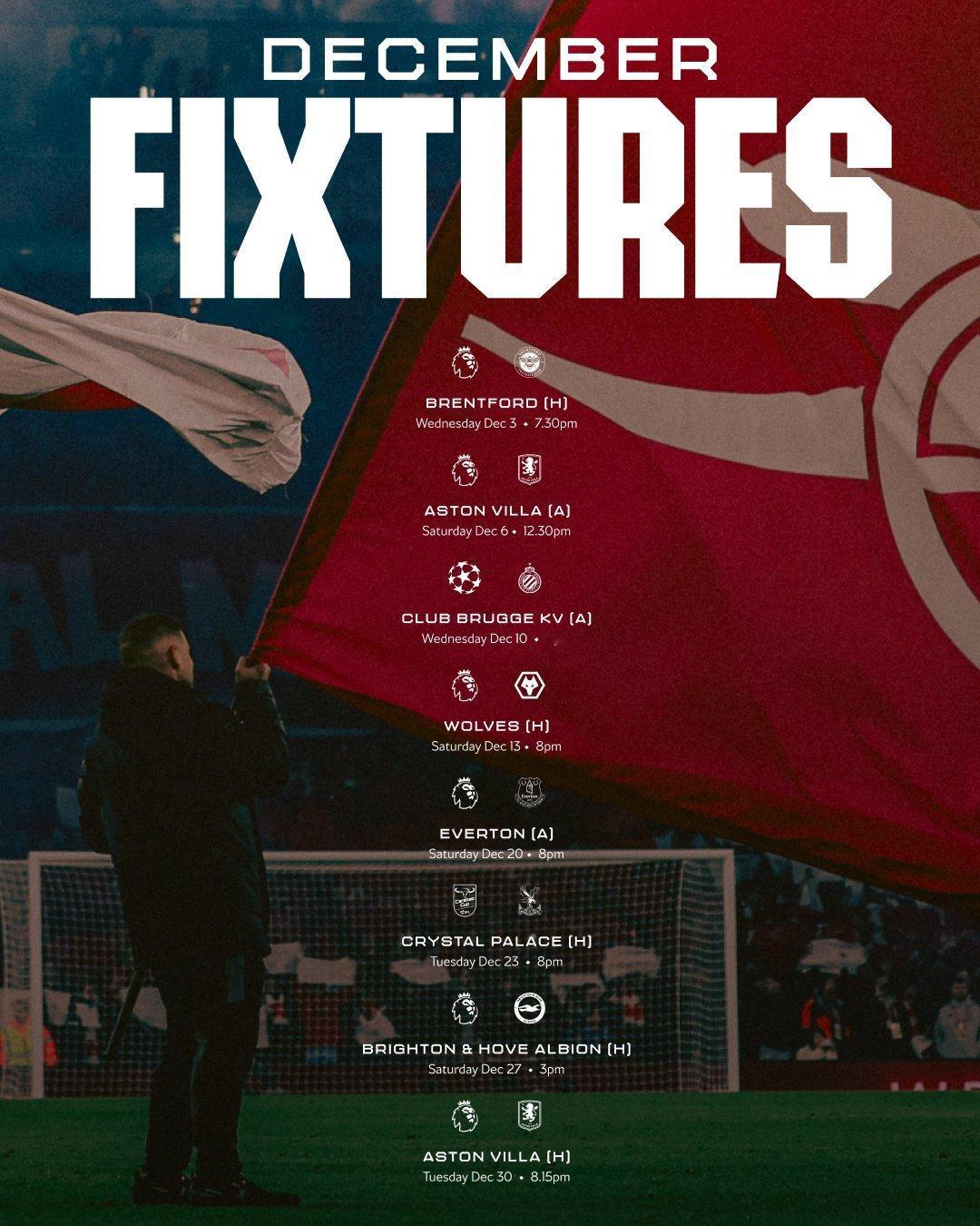 阿森纳12月赛程...9场比赛！！阿森纳 英超联赛 欧冠