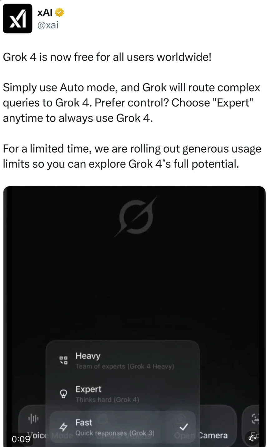 【真香警告：Grok4向全球用户永久免费开放】xAI 同样也把 Grok 4 也