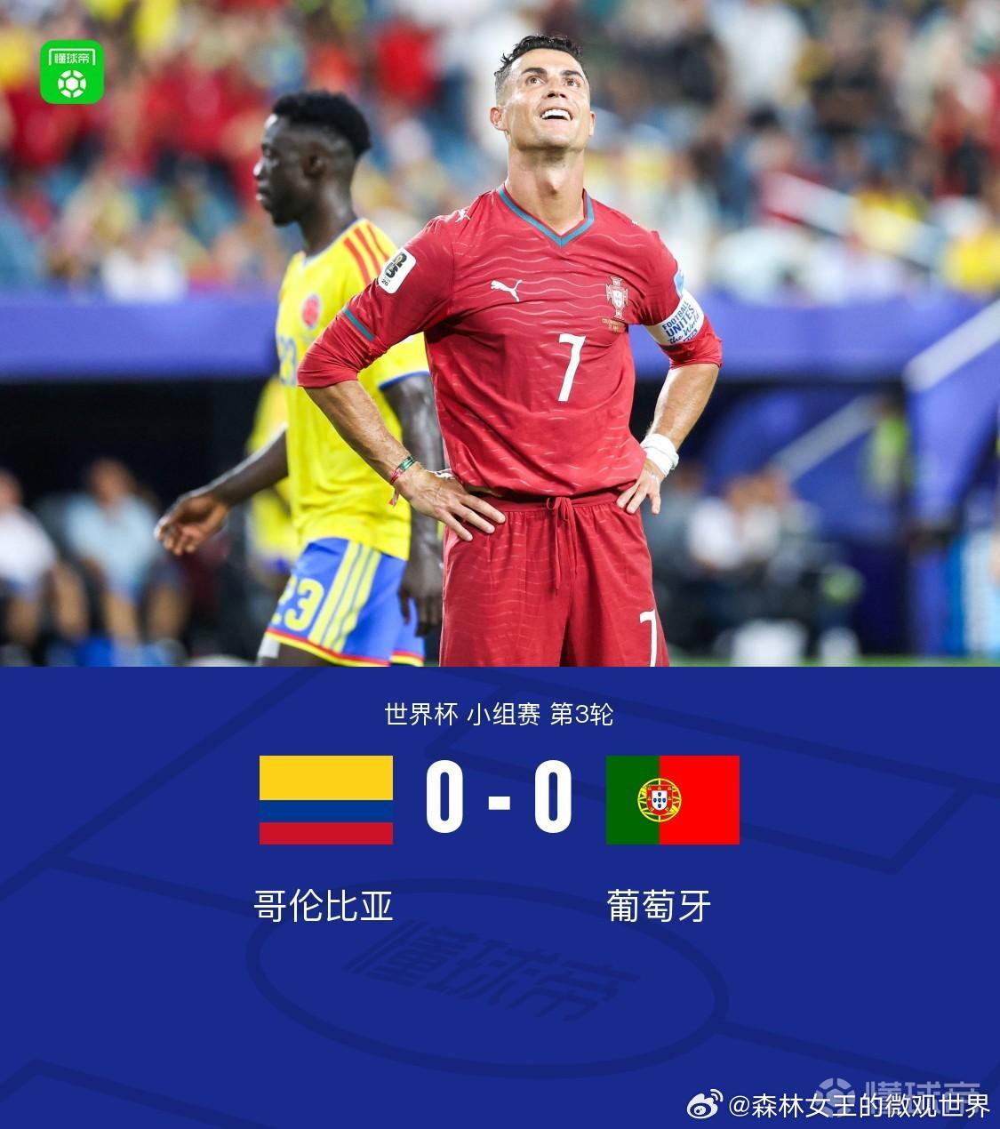 哥伦比亚0比0葡萄牙北京时间6月28日世界杯小组赛第3轮，哥伦比亚对阵葡萄牙。比