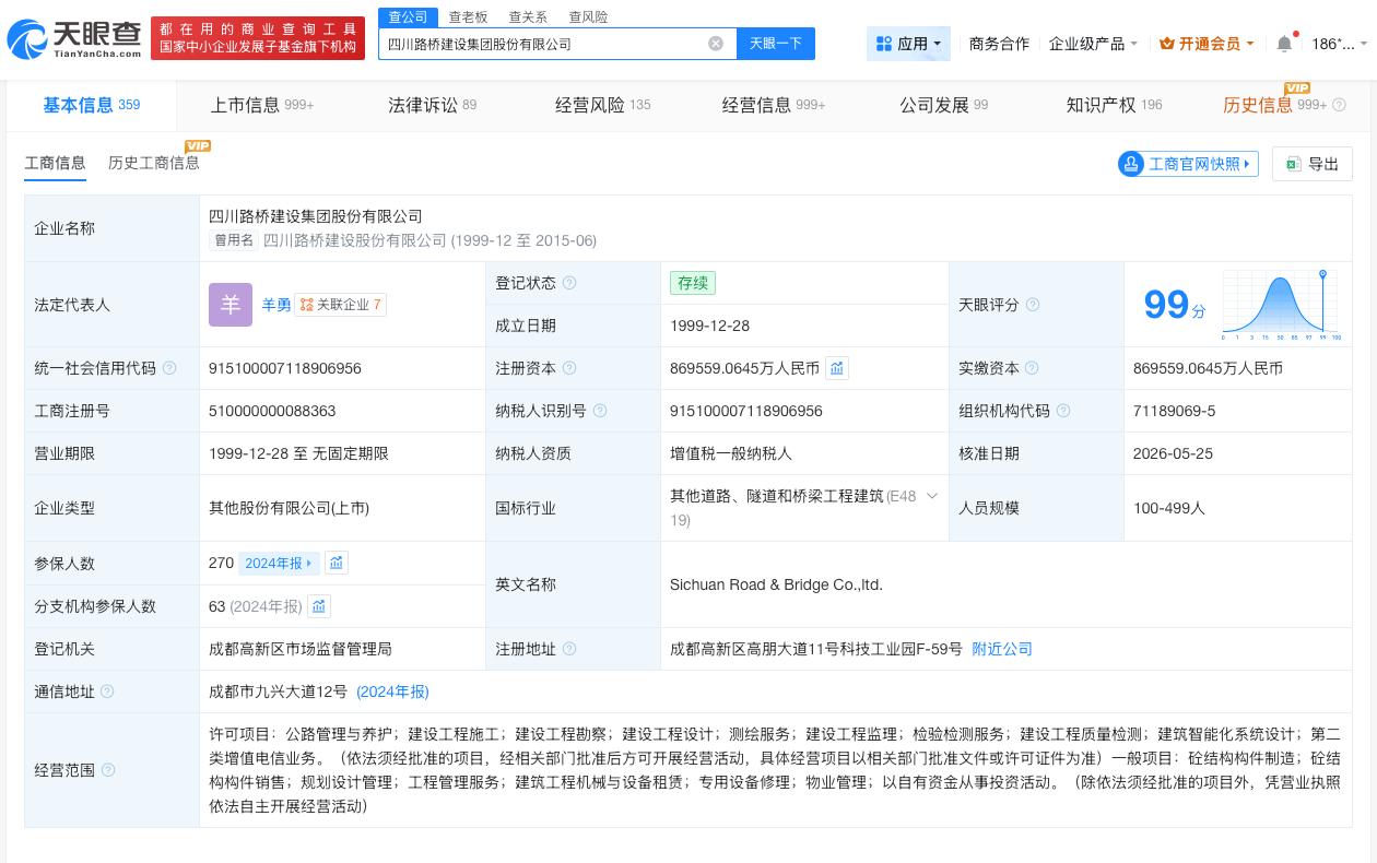 四川路桥换帅完成工商变更

天眼查App显示，近日，四川路桥建设集团股份有限公司