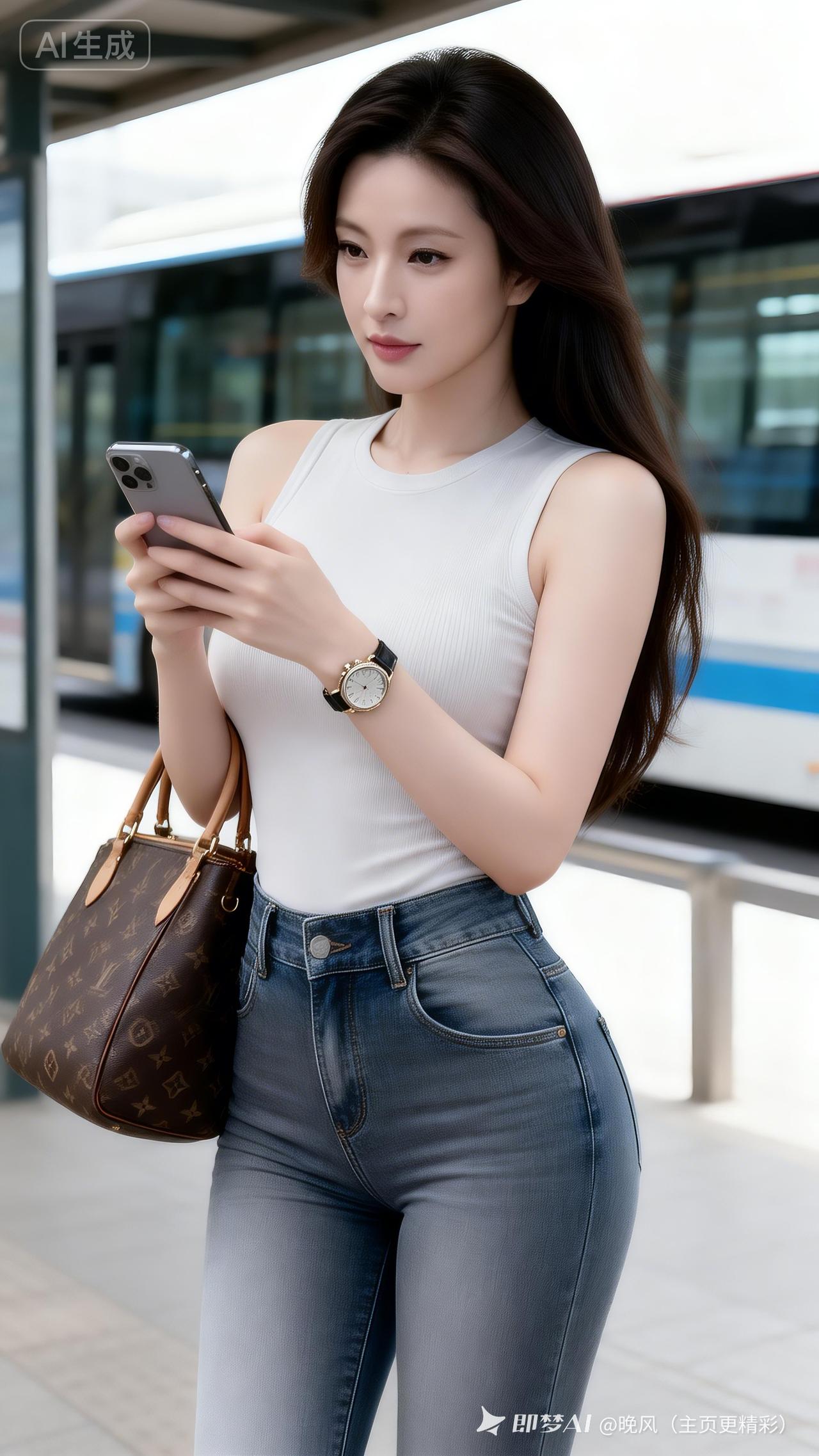 都市时尚少女，地铁站台上的优雅时刻！