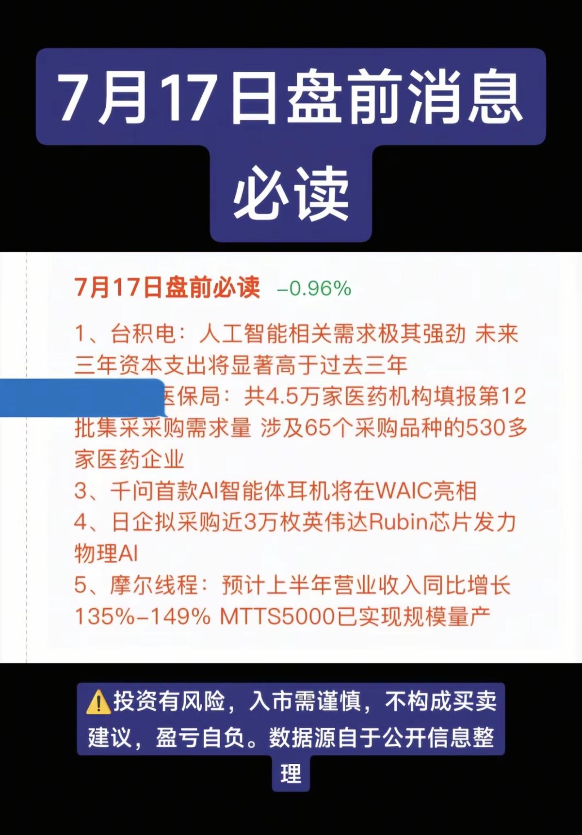 7.17周五  盘前：财经热点信息参考！

1.先进封装
2.医药流通
3.耳机