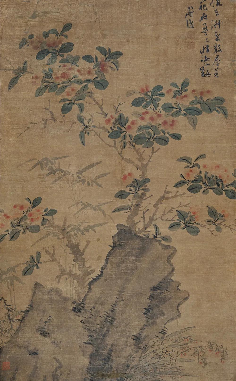 名画欣赏：
明 陈道复《山茶竹石图》（局部）
纵110.8厘米 横57.2厘米