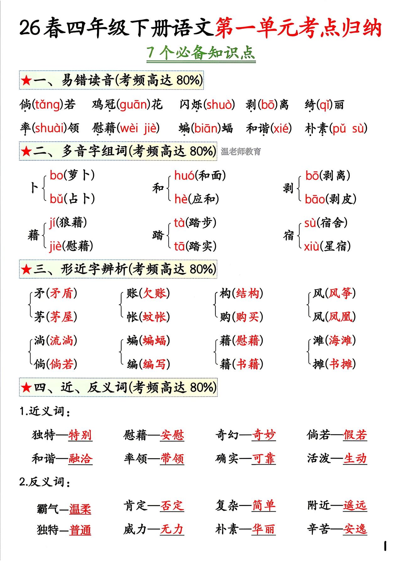 四年级语文老师:期中复习1-4单元考点归纳来啦[送自己一朵花]一个单元3页内容，