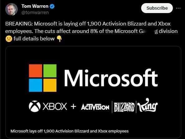 微软游戏部门目前有 22000 名员工，微软计划裁掉 1900 名 Xbox 和