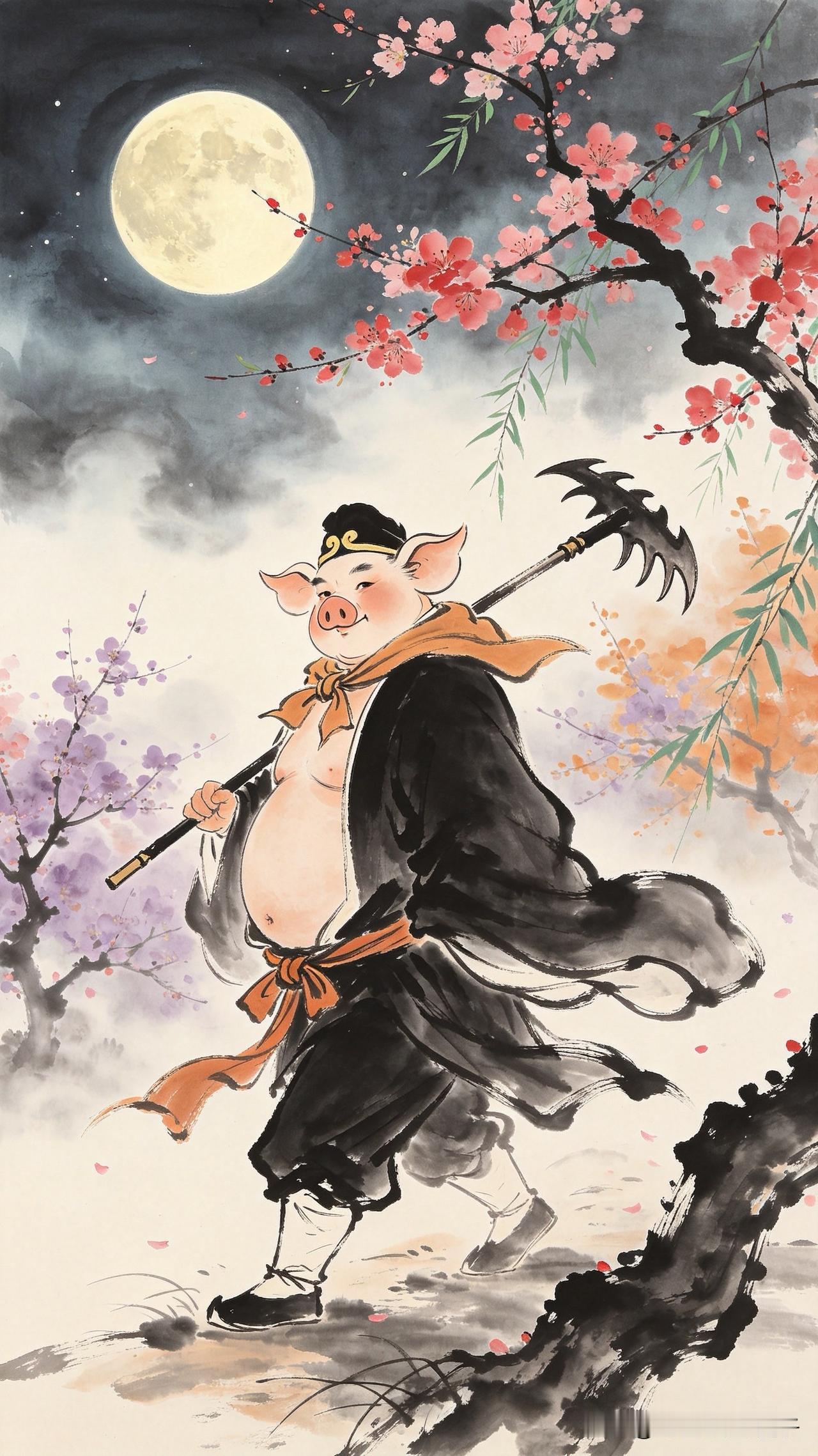 曾掌天河十万兵，
嫦娥宴上动凡情。
钉耙筑破红尘路，
     
…………请师友