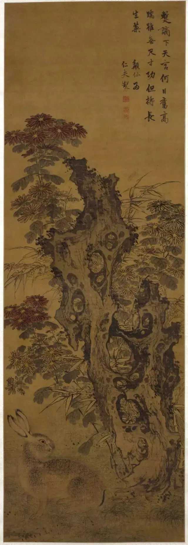 明 徐霖(1462～1538)《菊石野兔图》绢本设色 160×52厘米 故宫博物