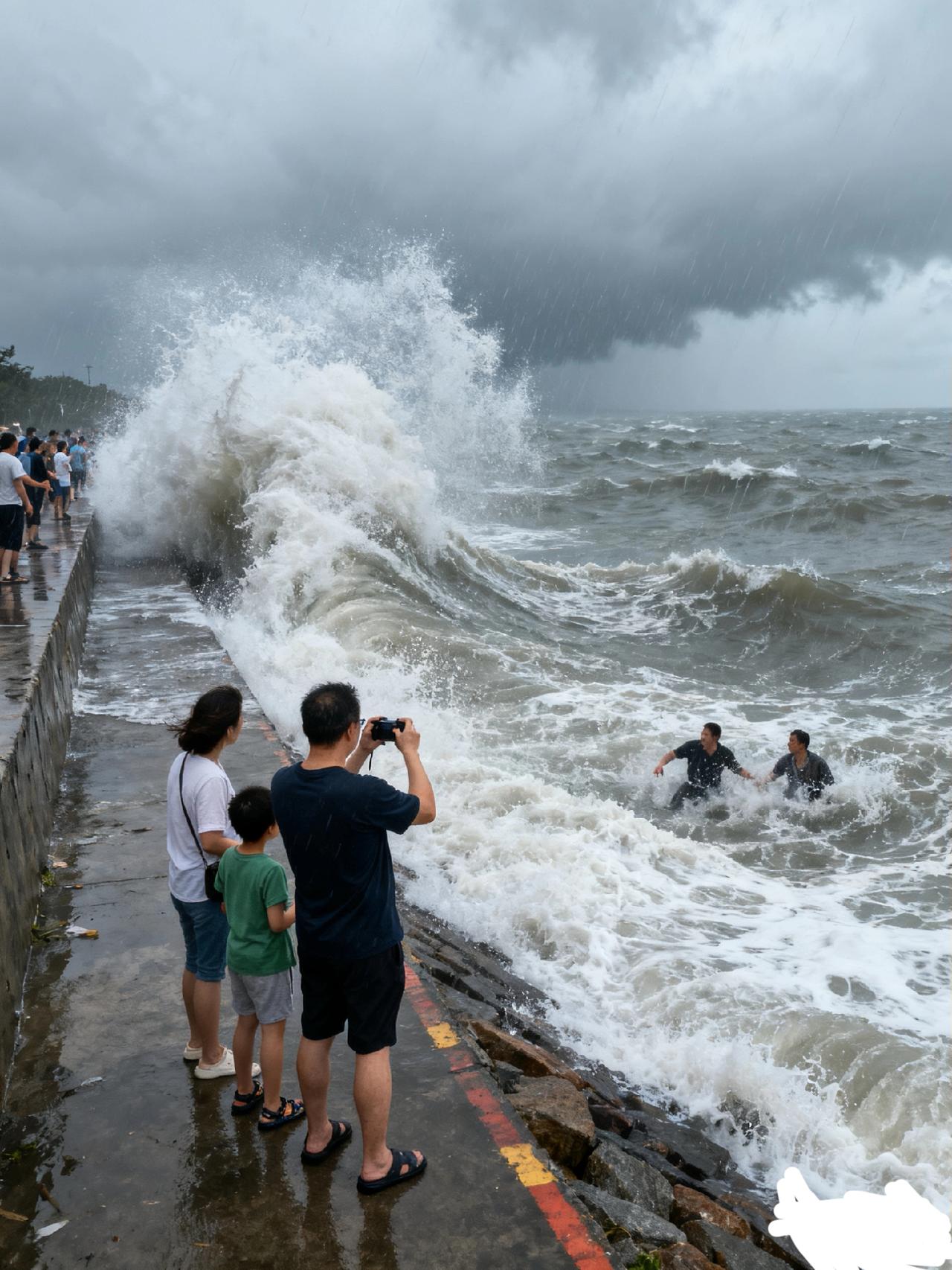揪心！香港一家三口观台风不慎坠海，恶劣天气下“看浪”需警惕
 
台风过境期间的汹