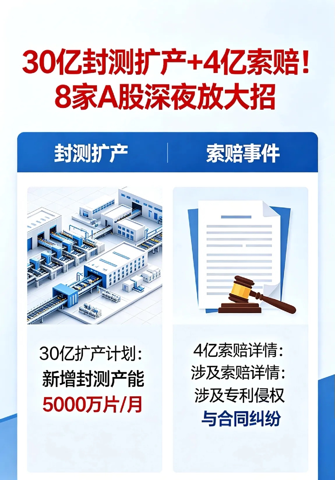 30亿封测扩产+4亿索赔！8家A股深夜放大招 5月22日盘后八家上市公司集中发布