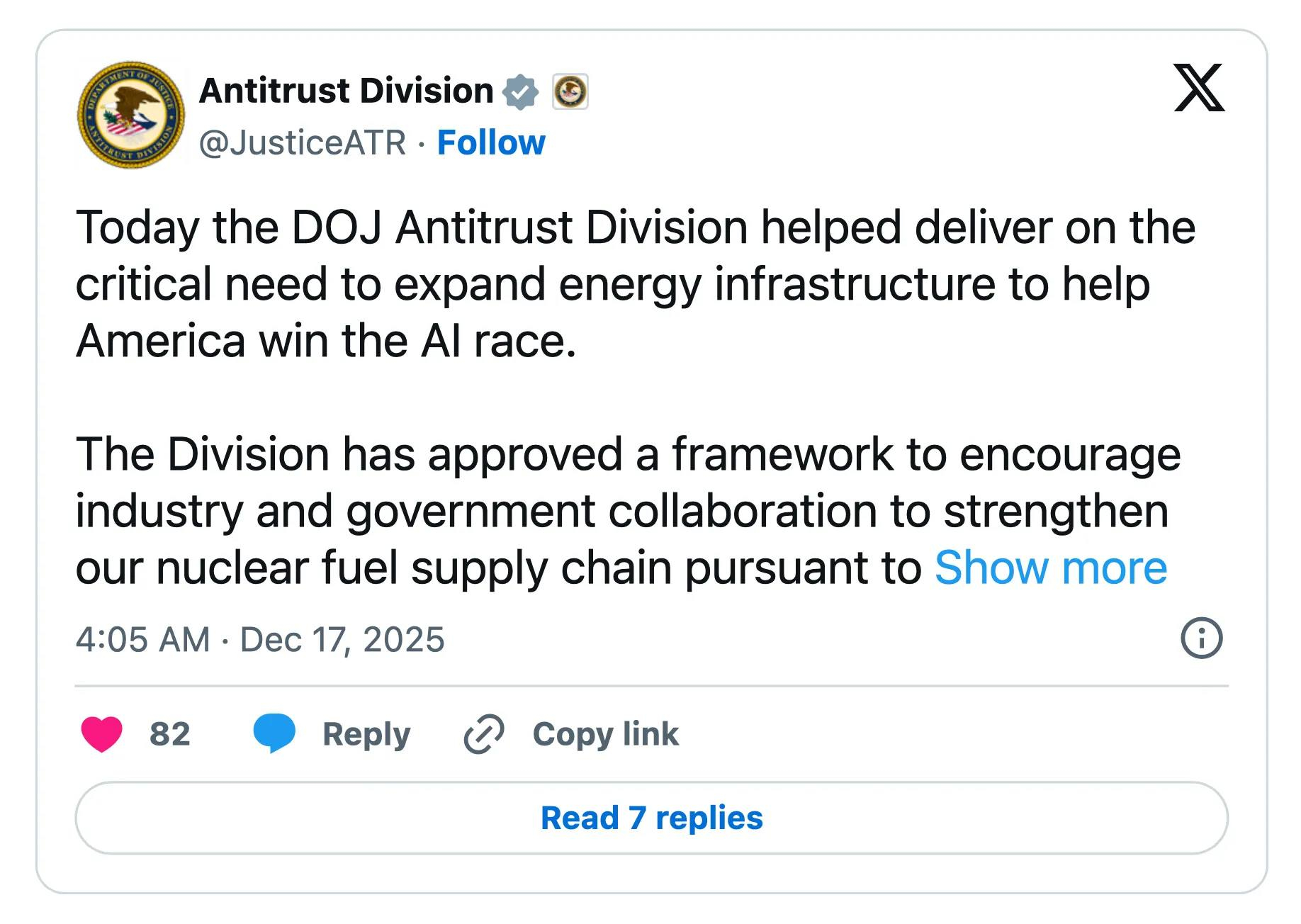 川普正尽力解除美国核能产业面临的阻碍。司法部近期核准对国内核燃料供应链，相关企业