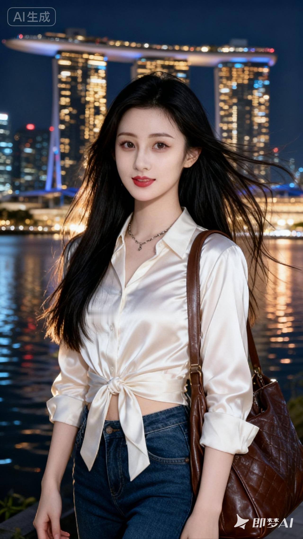 夜晚的滨海湾，灯火璀璨，少女漫步在城市之光中。