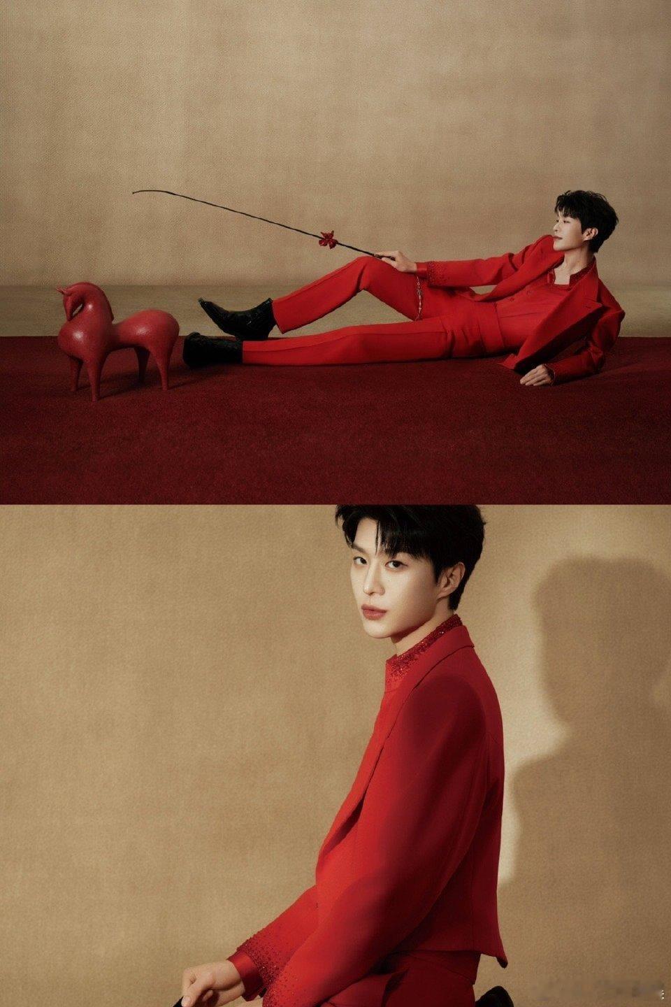 范丞丞春晚造型好红火 范丞丞的春晚首秀造型好绝！一身红西装干练又贵气，牵马而立的