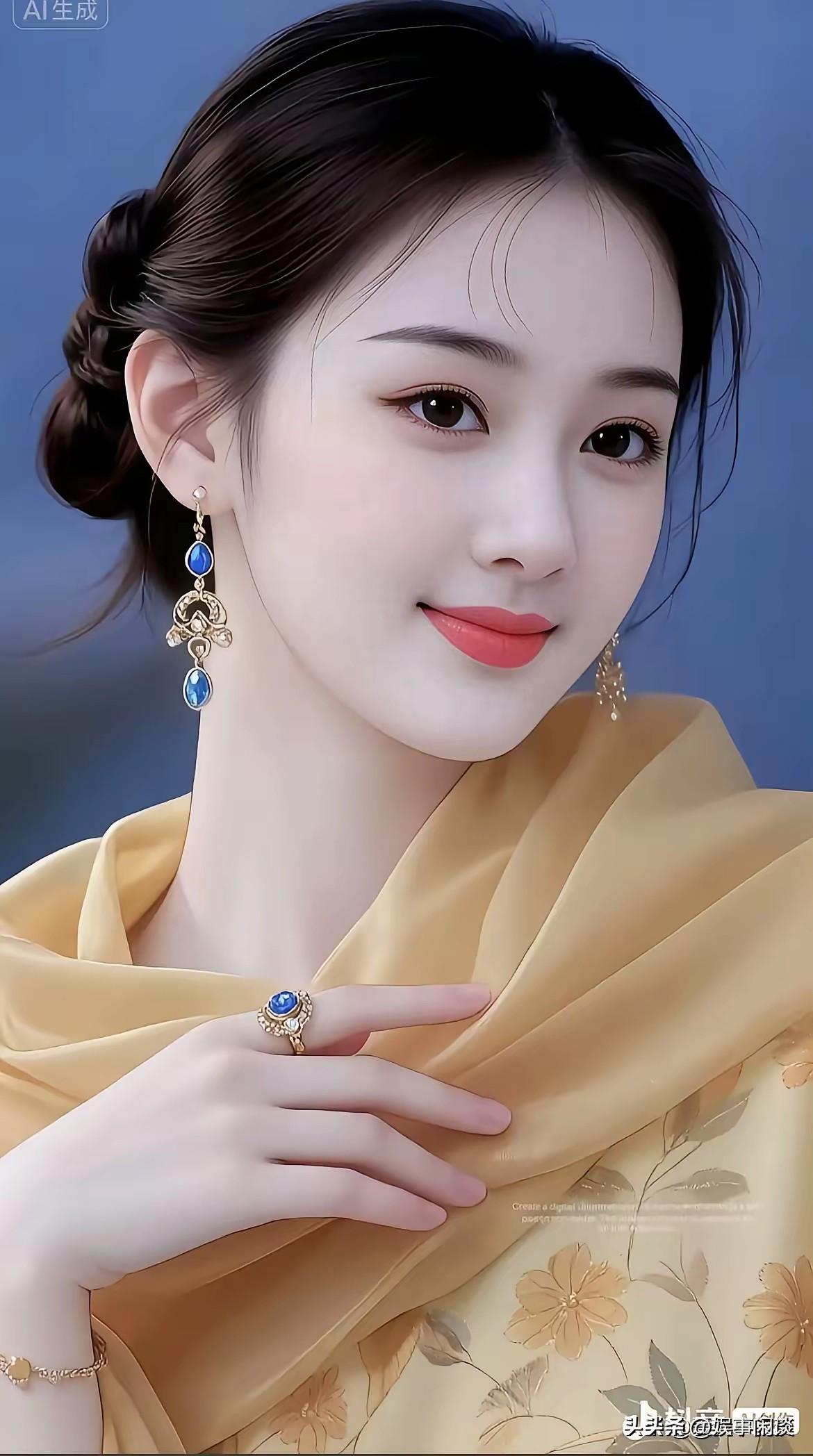 优雅古风美人，蓝宝石耳环与戒指相映成辉，尽显古典韵味。