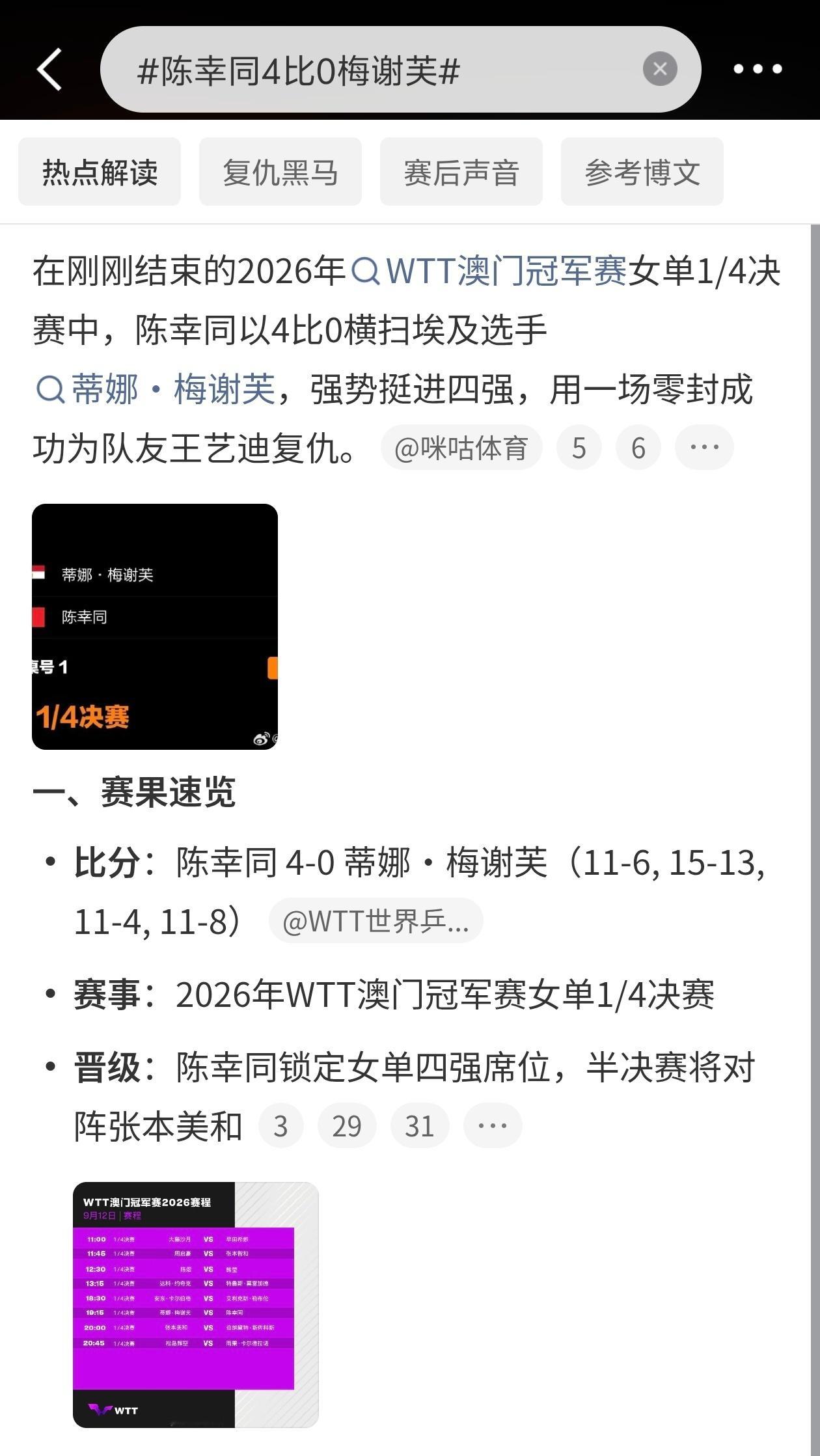 陈幸同4比0梅谢芙陈幸同4比0赢了梅谢芙。WTT澳门冠军赛女单八强战。四局11比
