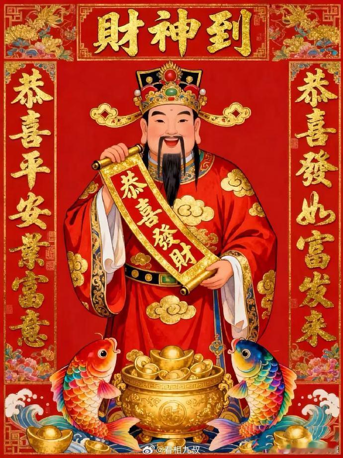 财神到，虔诚祈八方财气入户。愿生意兴隆货如轮转，职场晋升步步高升。求财顺遂无坎坷