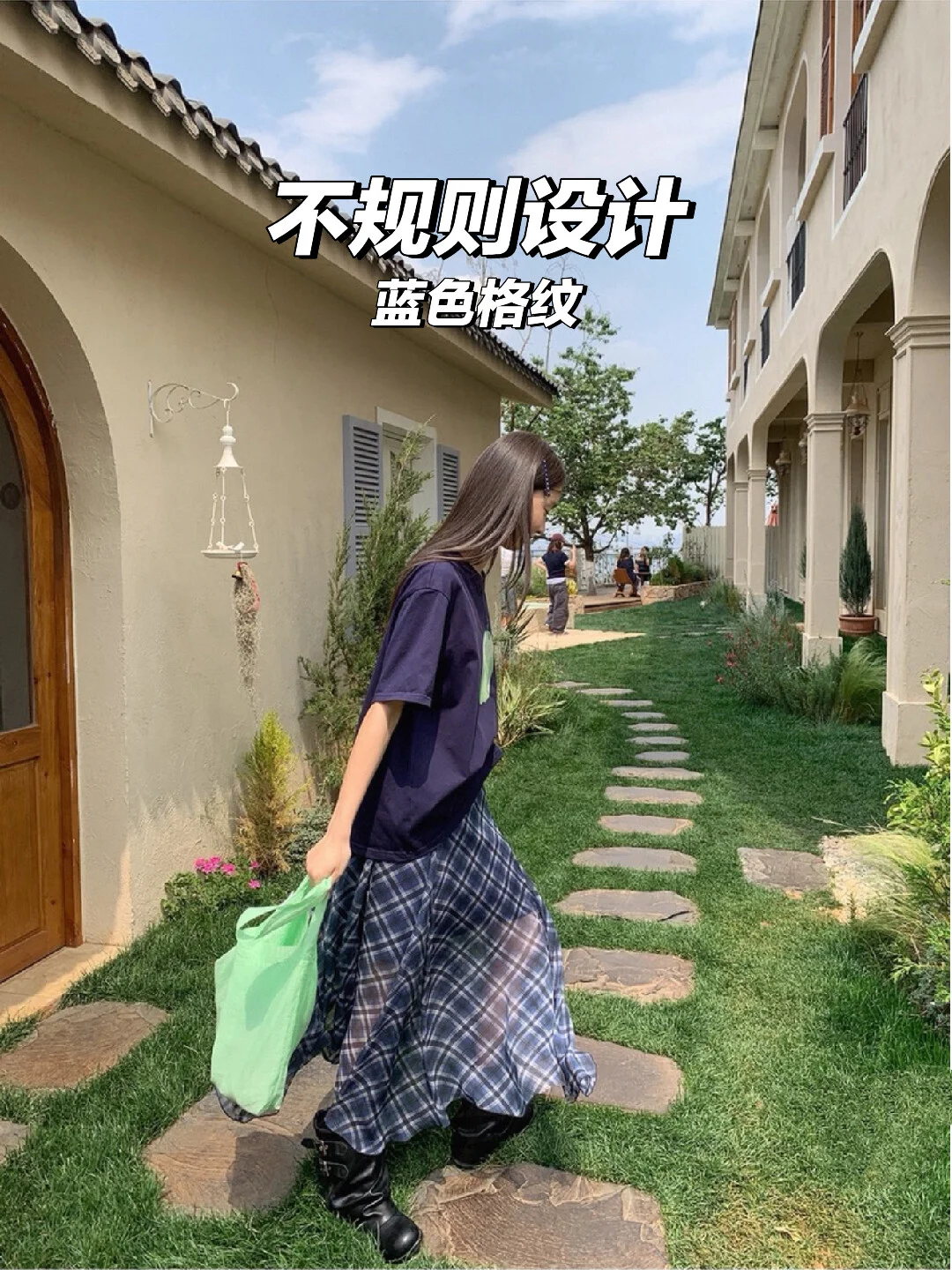 韩系蓝色格纹半身裙💙不规则设计好特别！