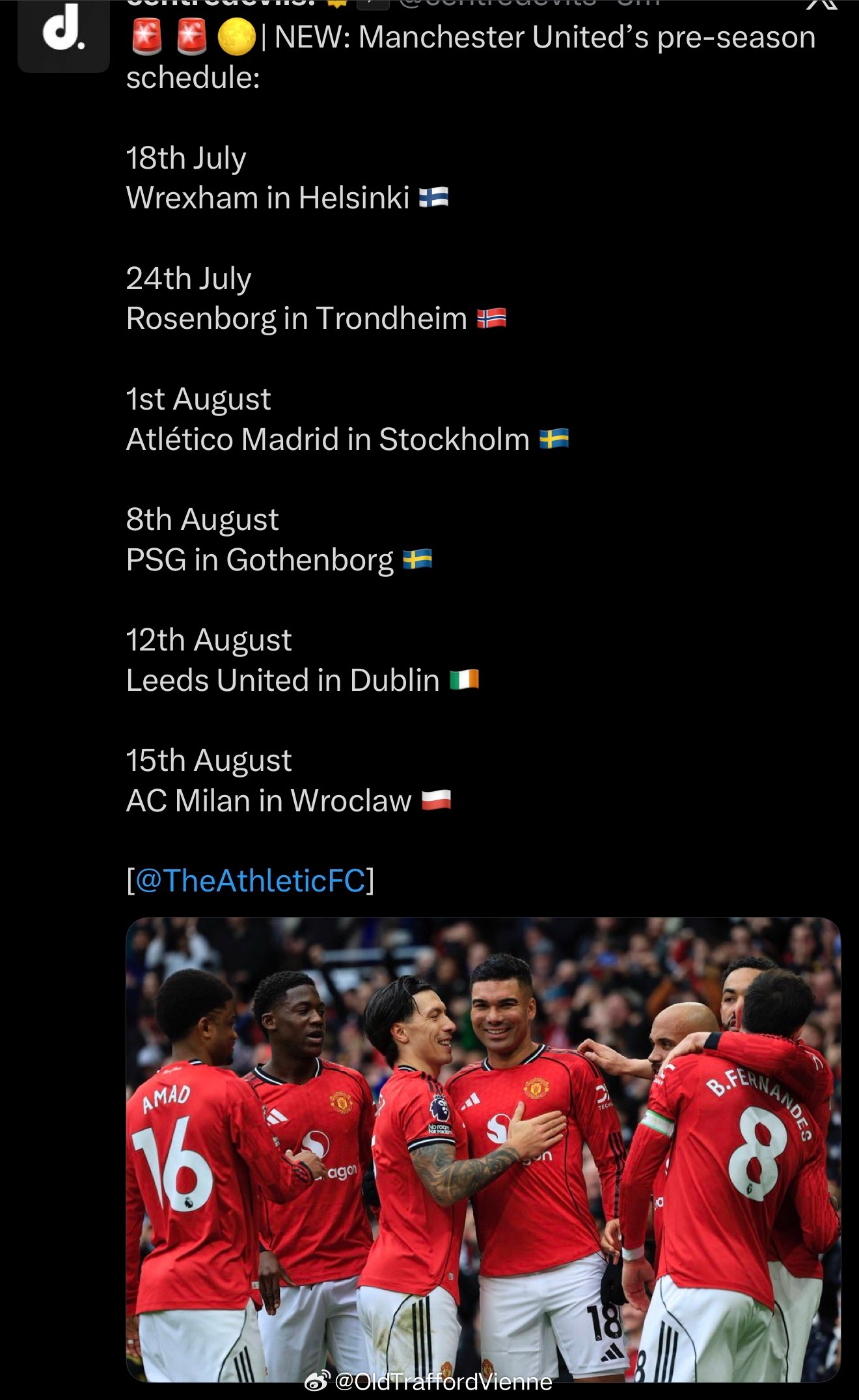 曼联公布今夏季前赛赛程和对手，看起来是欧洲旅游 对手阵容还可以，罗森伯格、马竞、