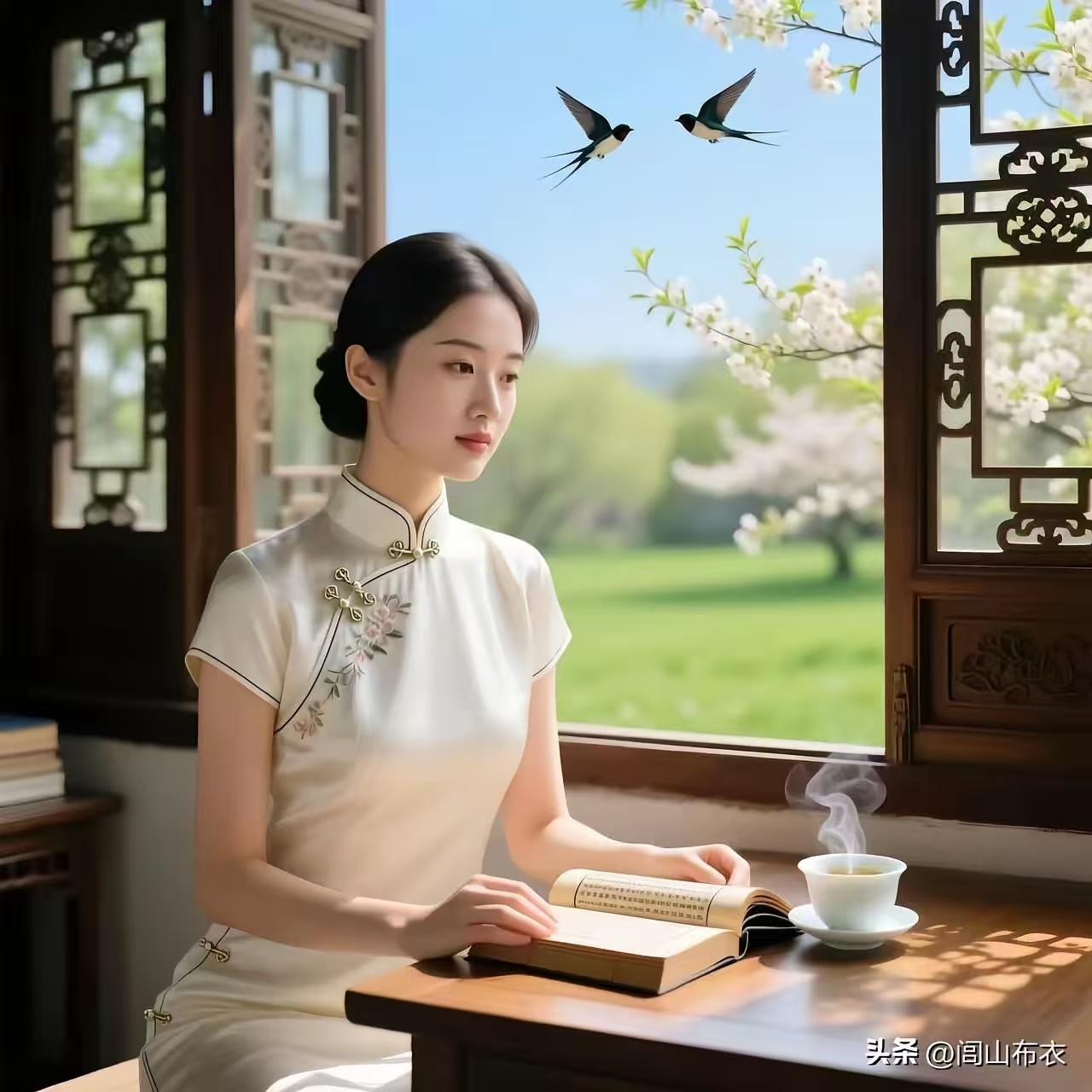 四块玉·晨读
卷对窗，燕低翔，
柳鹅黄，风拂裳。
偷闲半日墨痕长，
春在行间藏。