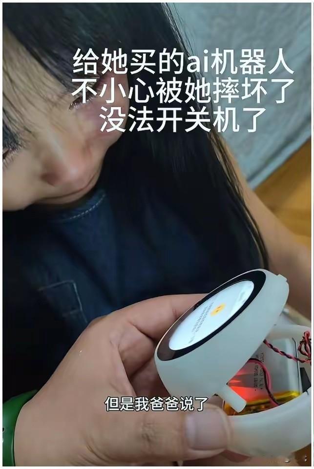 小女孩蹲在碎片旁，手指颤抖地抚过机器人的脸颊，那里原本会随着她的触碰亮起柔和的蓝
