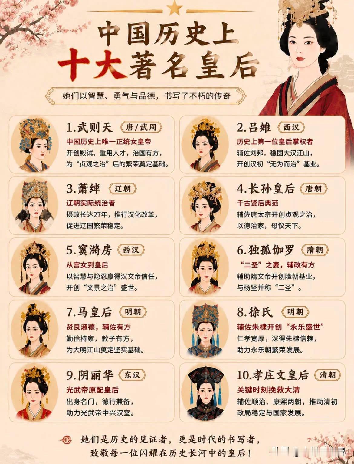 中国历史上十大著名皇后：他们以智慧、勇气与品德，书写了不朽的传奇。中国历史美人